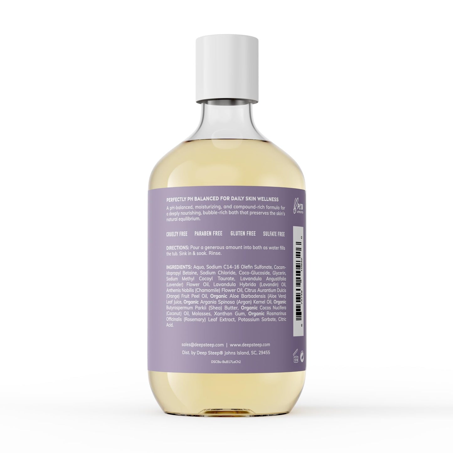 Deep Steep bubble bath bottle showing lavender and chamomile botanical label
