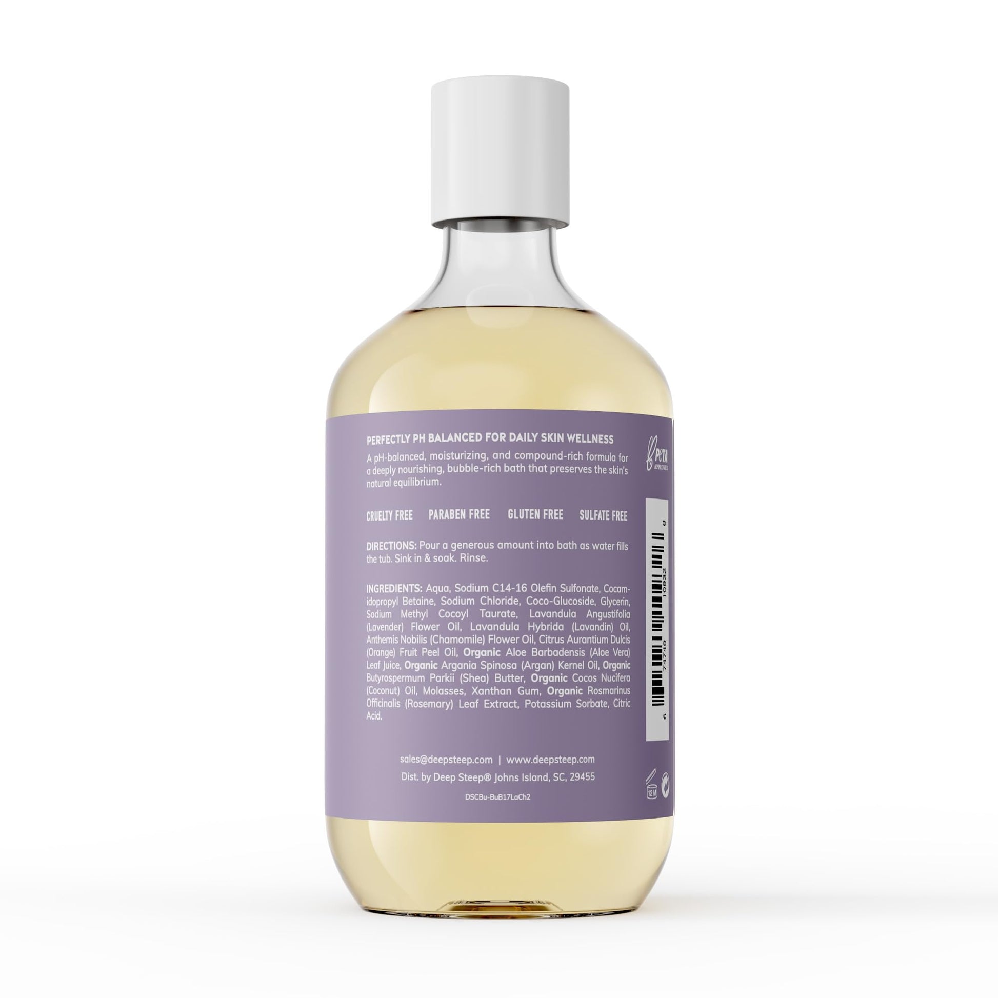 Deep Steep bubble bath bottle showing lavender and chamomile botanical label