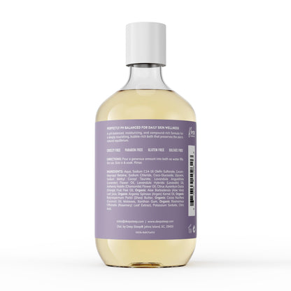 Deep Steep bubble bath bottle showing lavender and chamomile botanical label