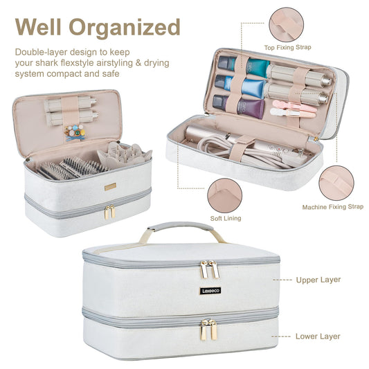 Double layer hair dryer organizer open view displaying top compartment elastic loops