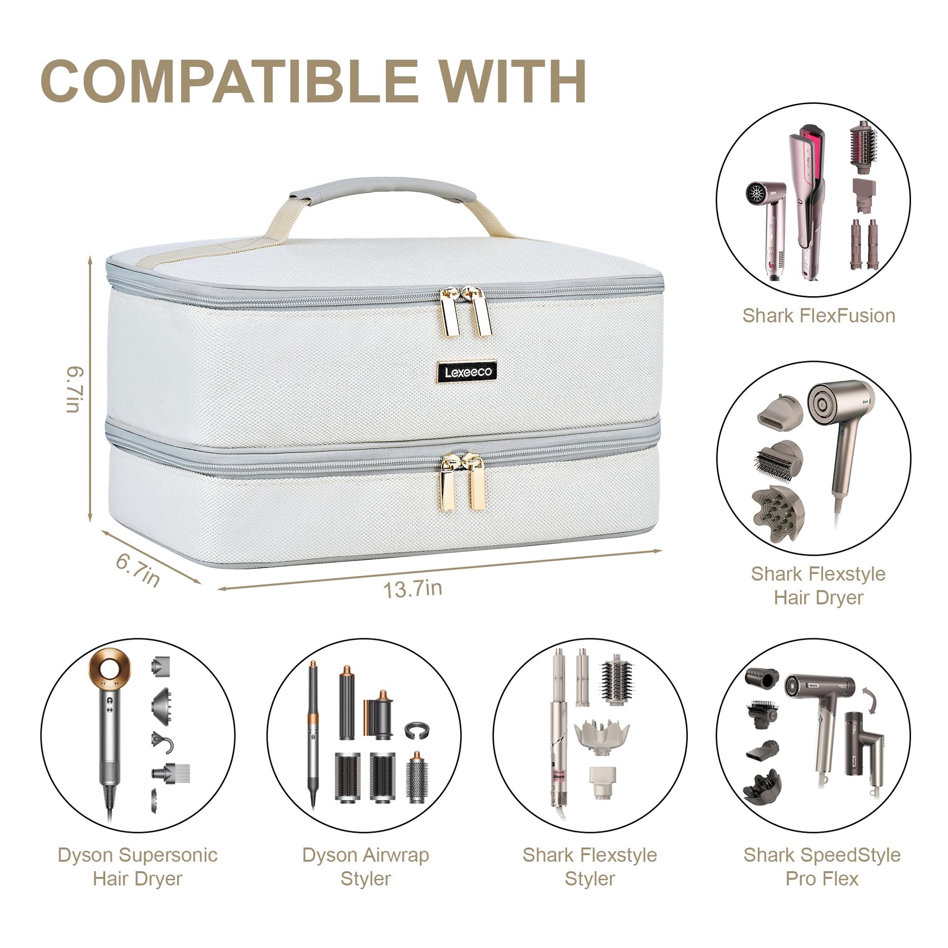 Premium multi styler storage bag with smooth double zippers and leather handle