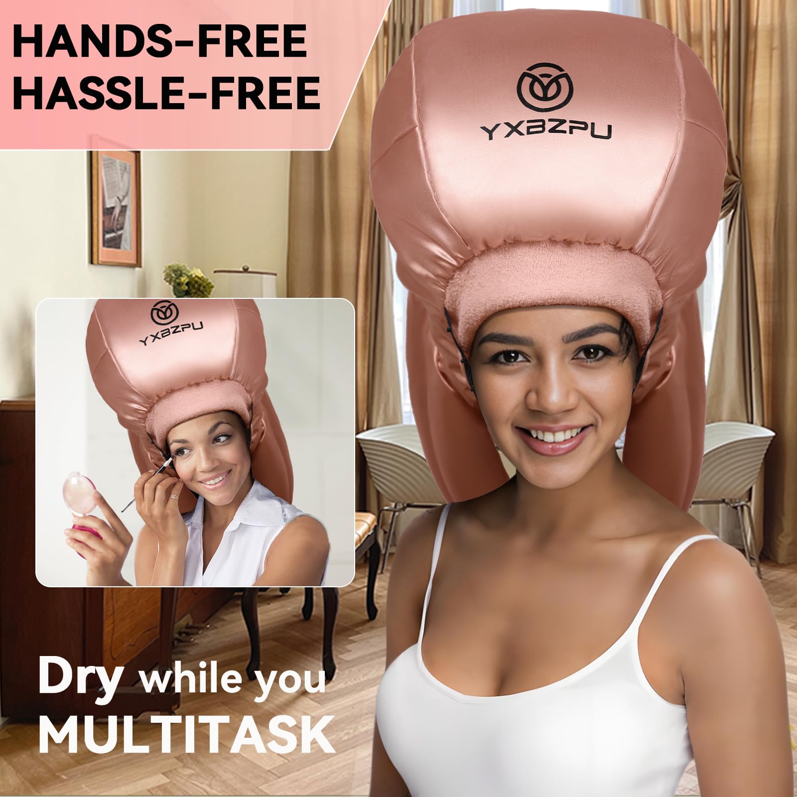 Close up view of the adjustable side drawstring and chin strap on the pink hooded hair dryer bonnet