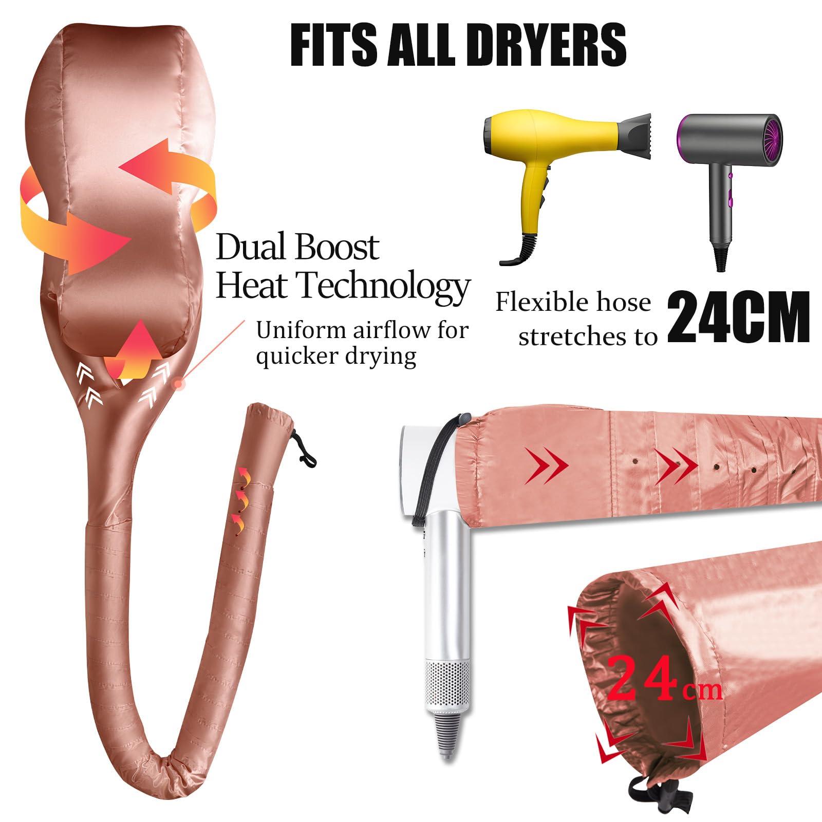 YXBZPU soft hair bonnet dryer hose collar stretching over a standard handheld blow dryer nozzle