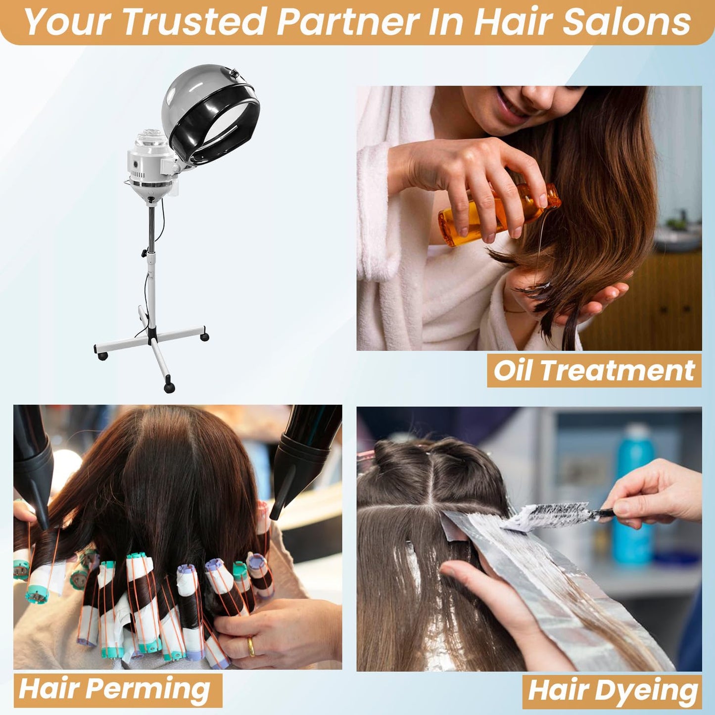 Imported professional hair steamer with 5 rolling caster wheels on base