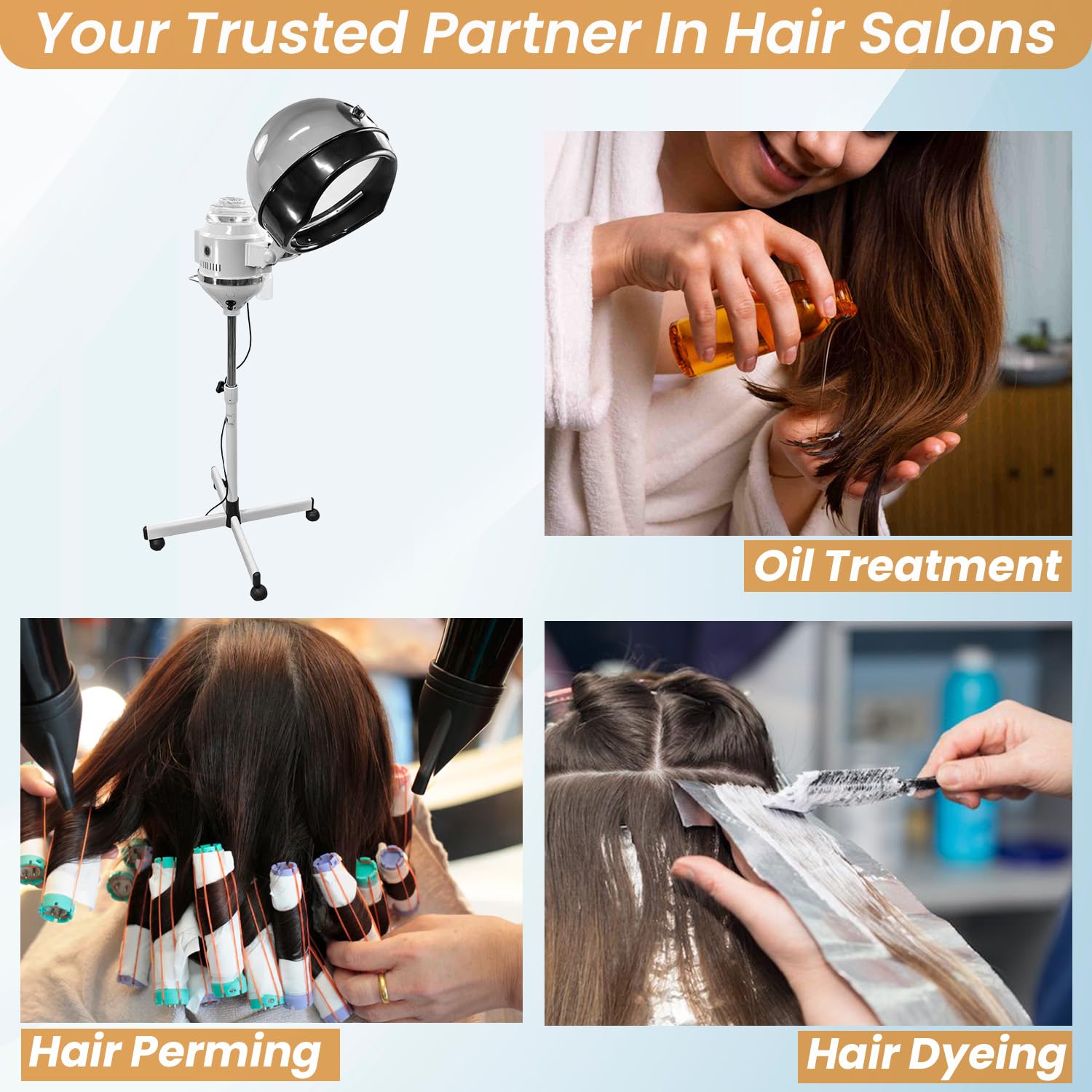 Imported professional hair steamer with 5 rolling caster wheels on base