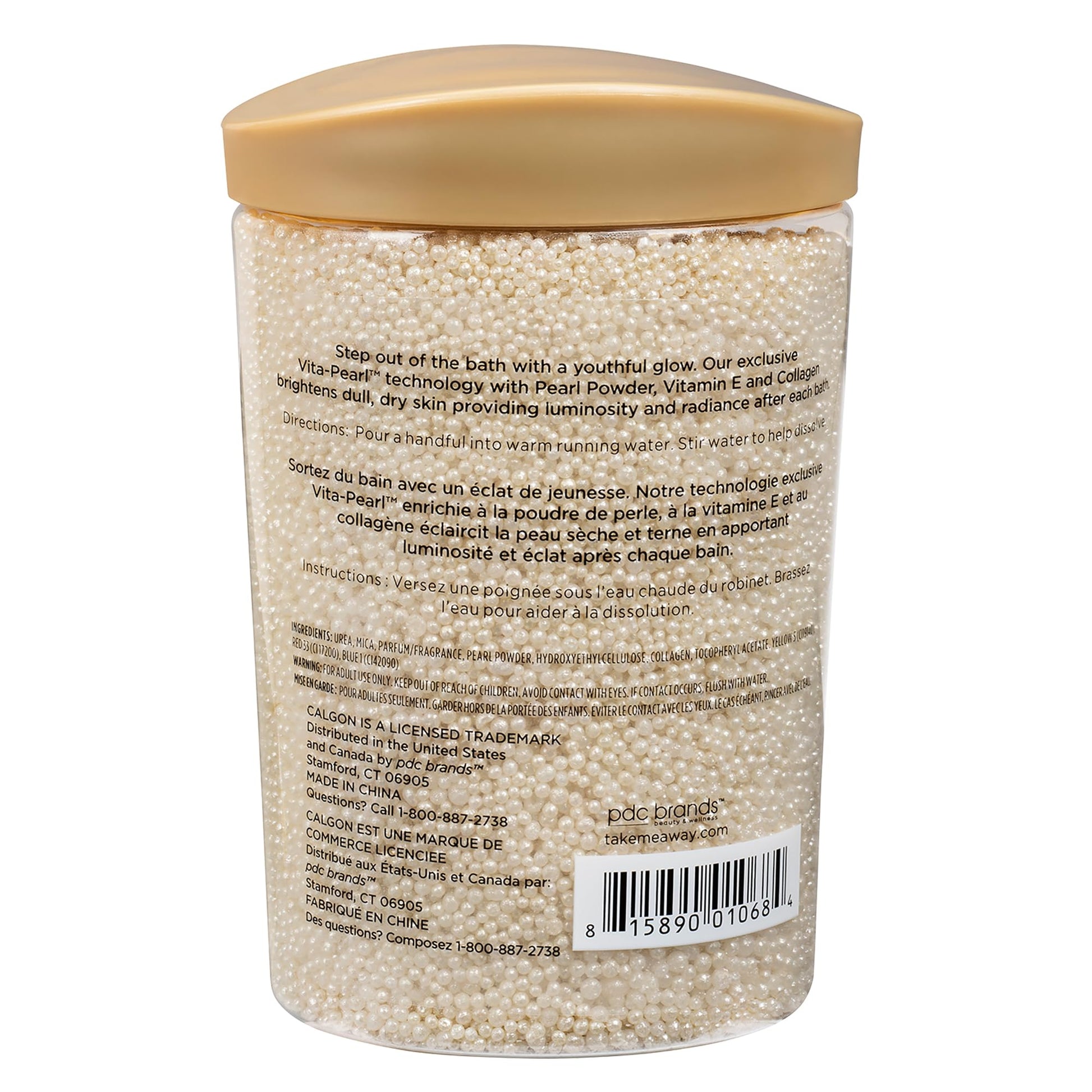 Close up of Calgon bath pearls packaging