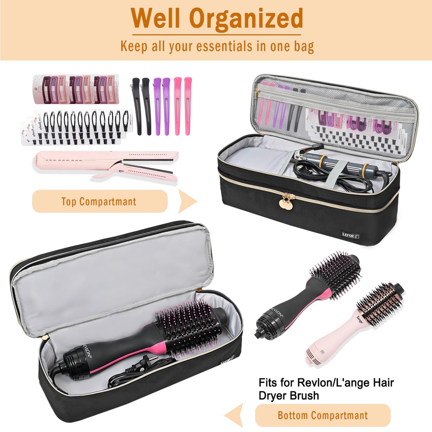 LEFOR Z portable hair dryer brush storage bag open compartment view