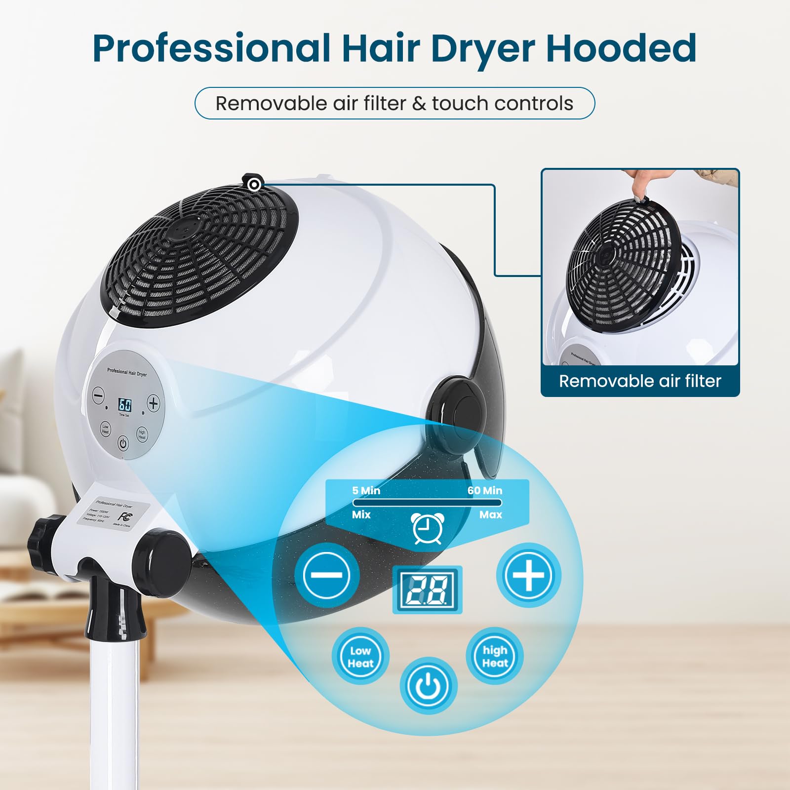 Findabetter standing salon hair dryer showcasing the digital touch screen control panel interface.