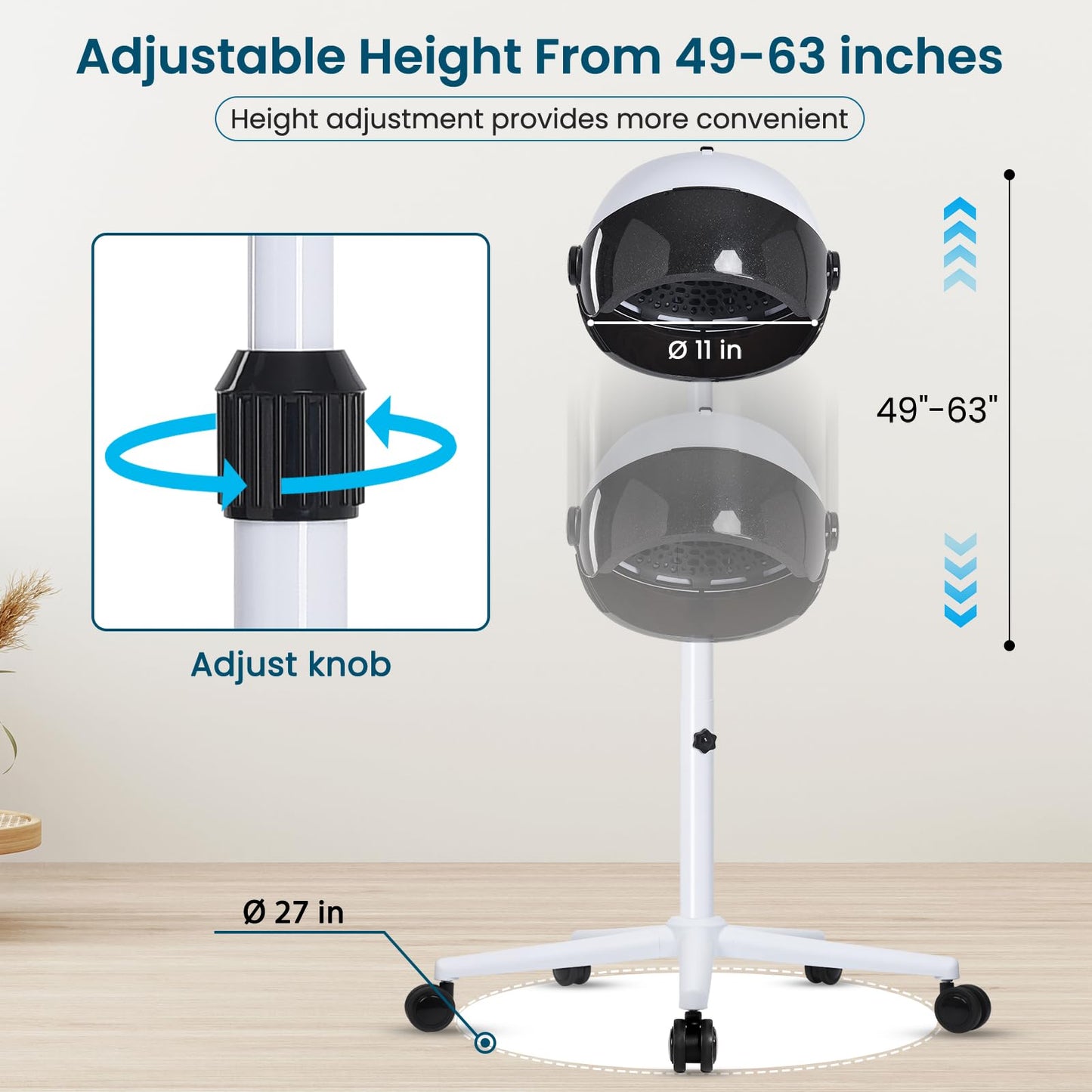 Close up view of the five silent three hundred and sixty degree swivel wheels on the standing hair dryer base.
