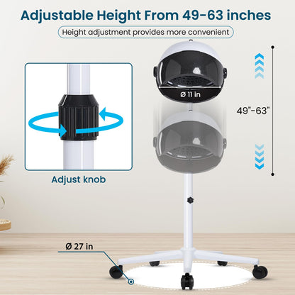 Close up view of the five silent three hundred and sixty degree swivel wheels on the standing hair dryer base.