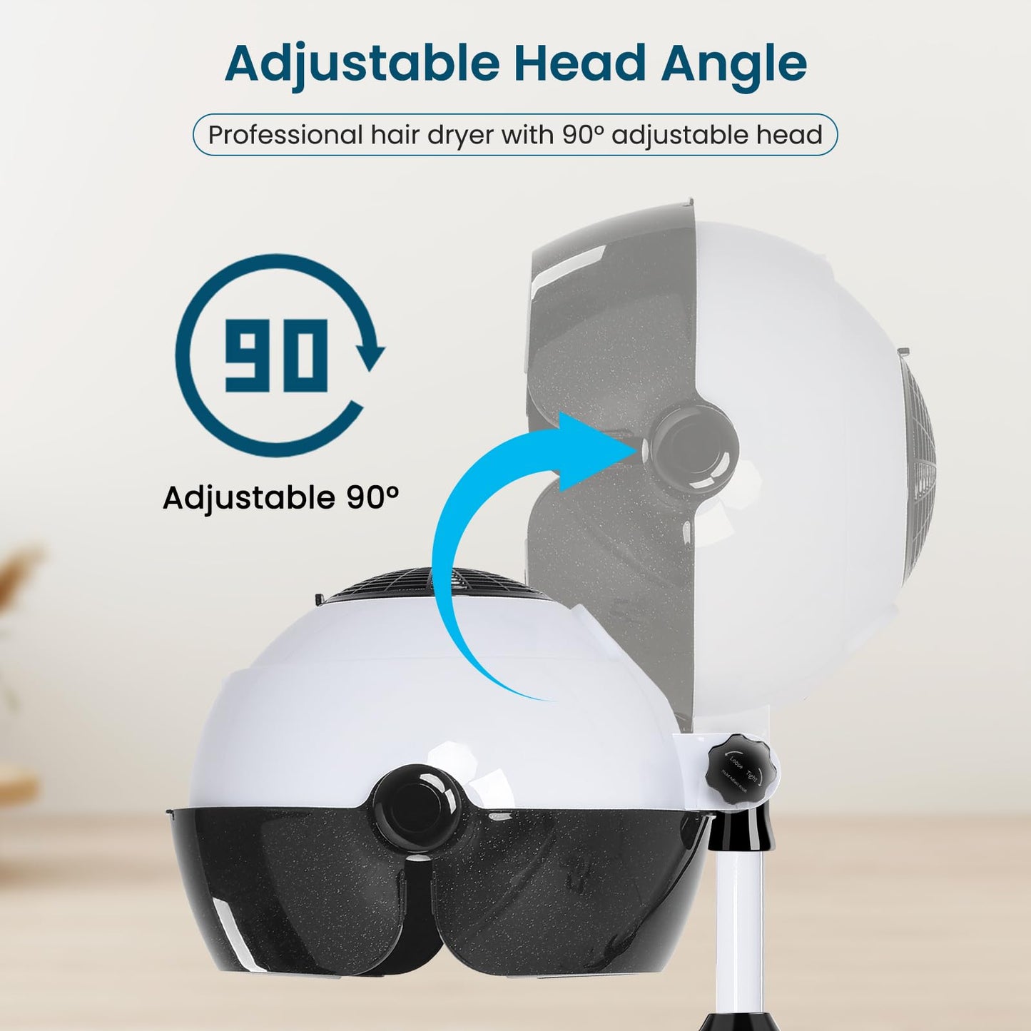 Findabetter professional stand up hair dryer showing the height adjustment feature from forty one to fifty three inches.