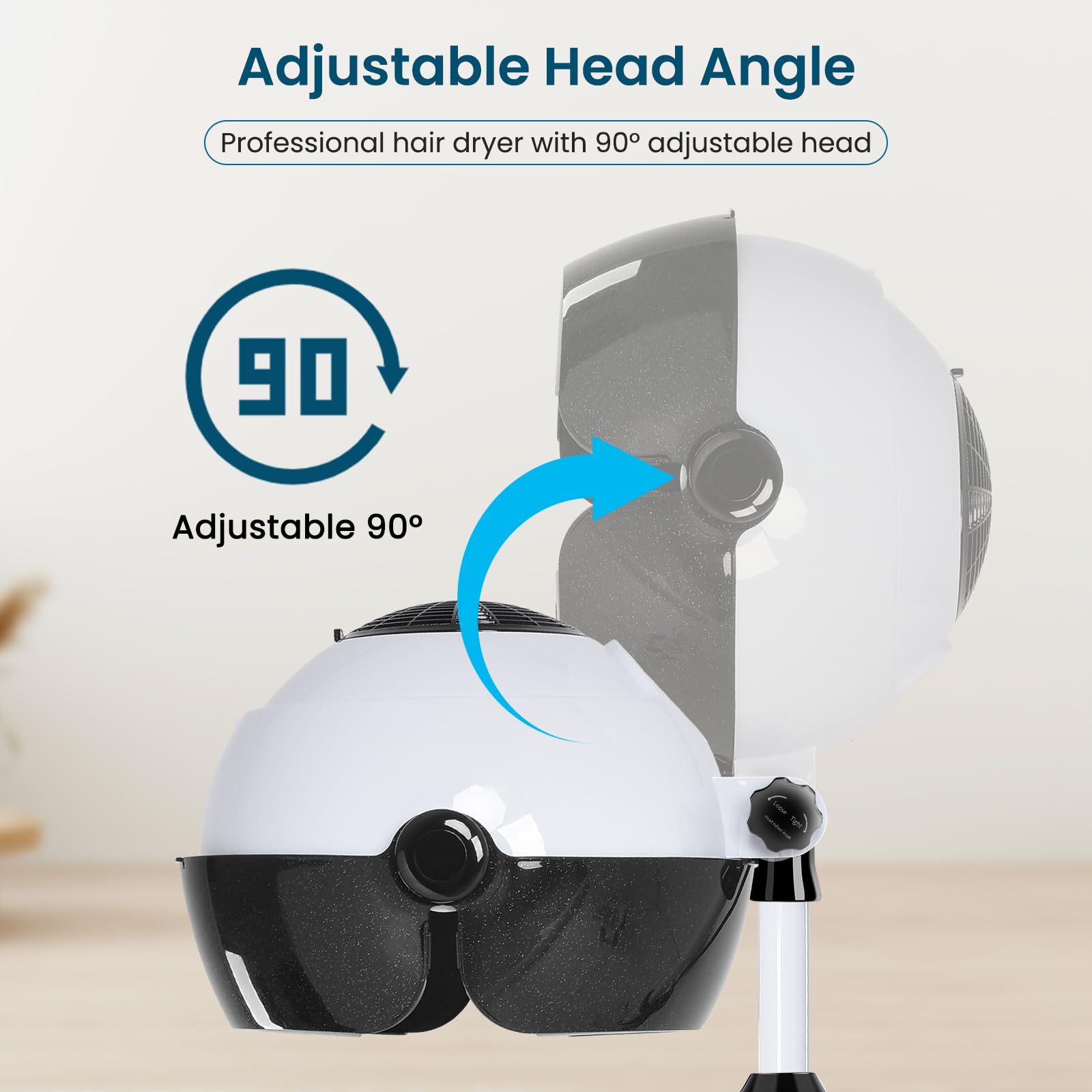Findabetter professional stand up hair dryer showing the height adjustment feature from forty one to fifty three inches.
