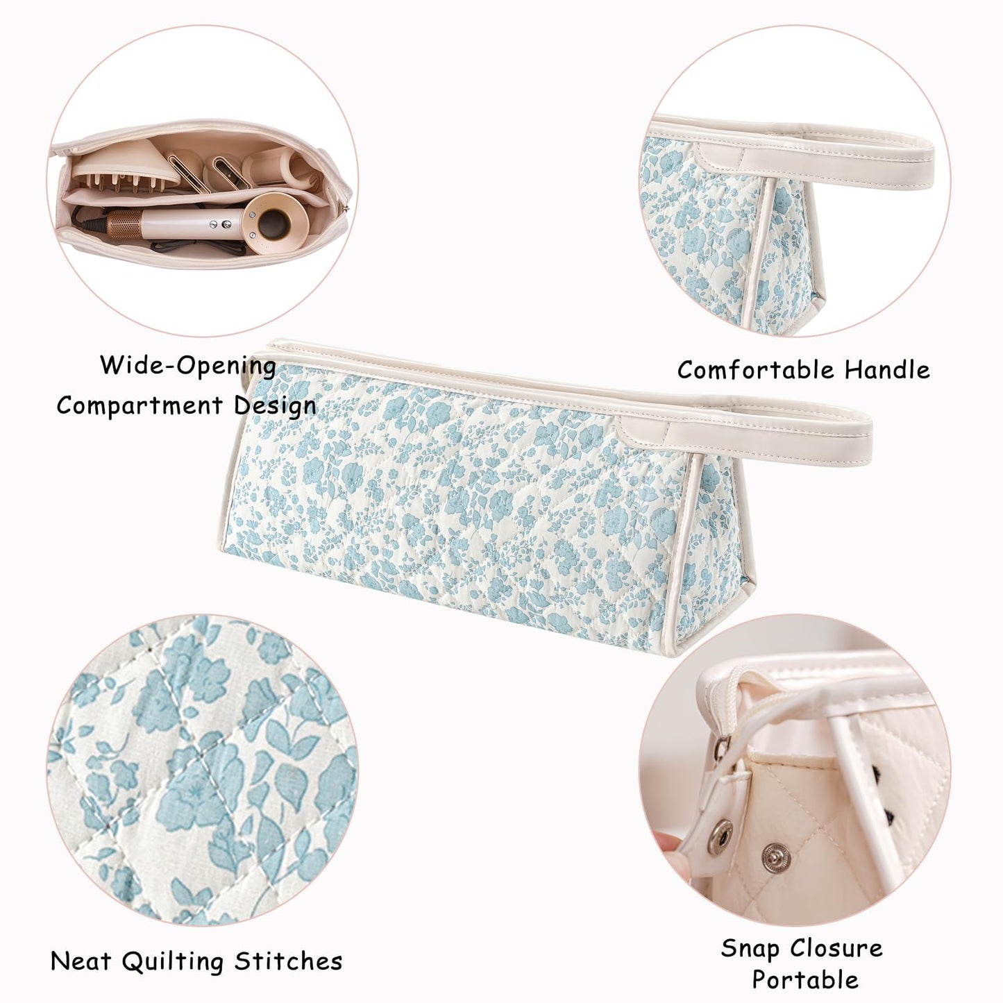 RSRSLEII quilted cotton hair dryer pouch packed with styling tools inside a travel luggage suitcase