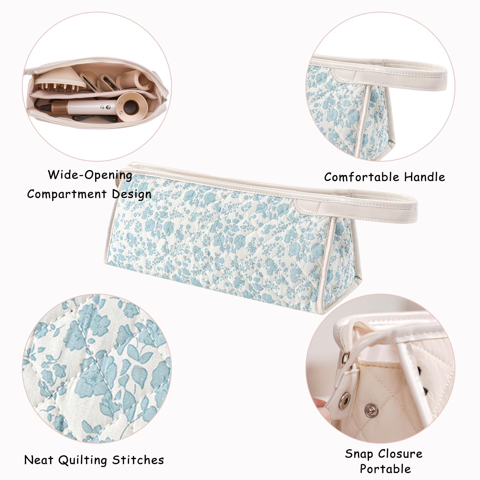 RSRSLEII quilted cotton hair dryer pouch packed with styling tools inside a travel luggage suitcase