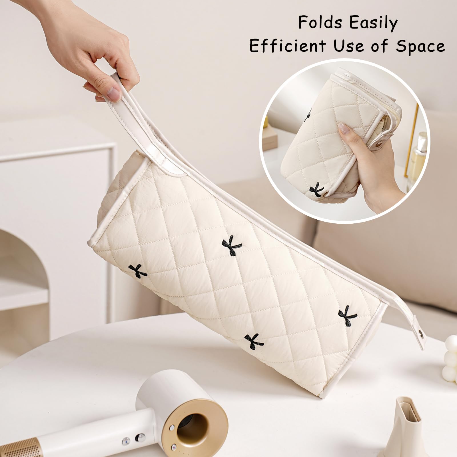 RSRSLEII multi functional hair product storage bag being held by the convenient top carrying handle