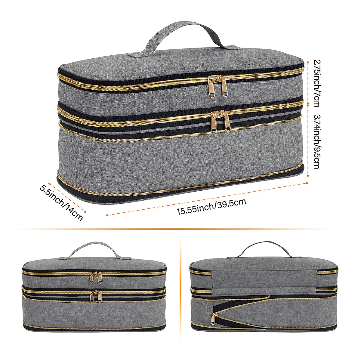 UOZL dual layer hair tool organizer bag opened up to reveal separate top and bottom compartments