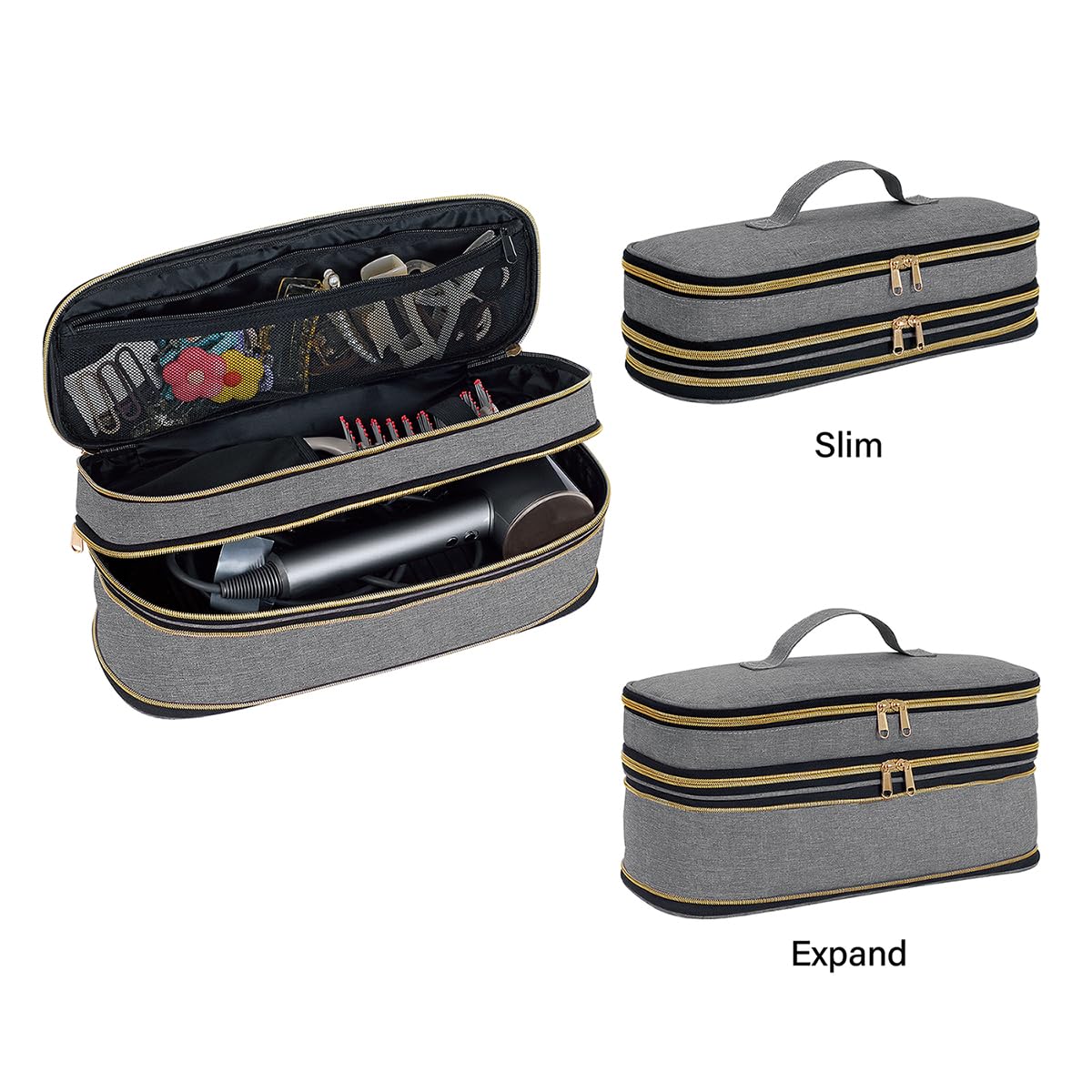 UOZL curling iron storage bag upper section showing mesh pockets and straps holding combs and clips