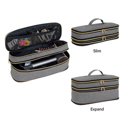 UOZL curling iron storage bag upper section showing mesh pockets and straps holding combs and clips