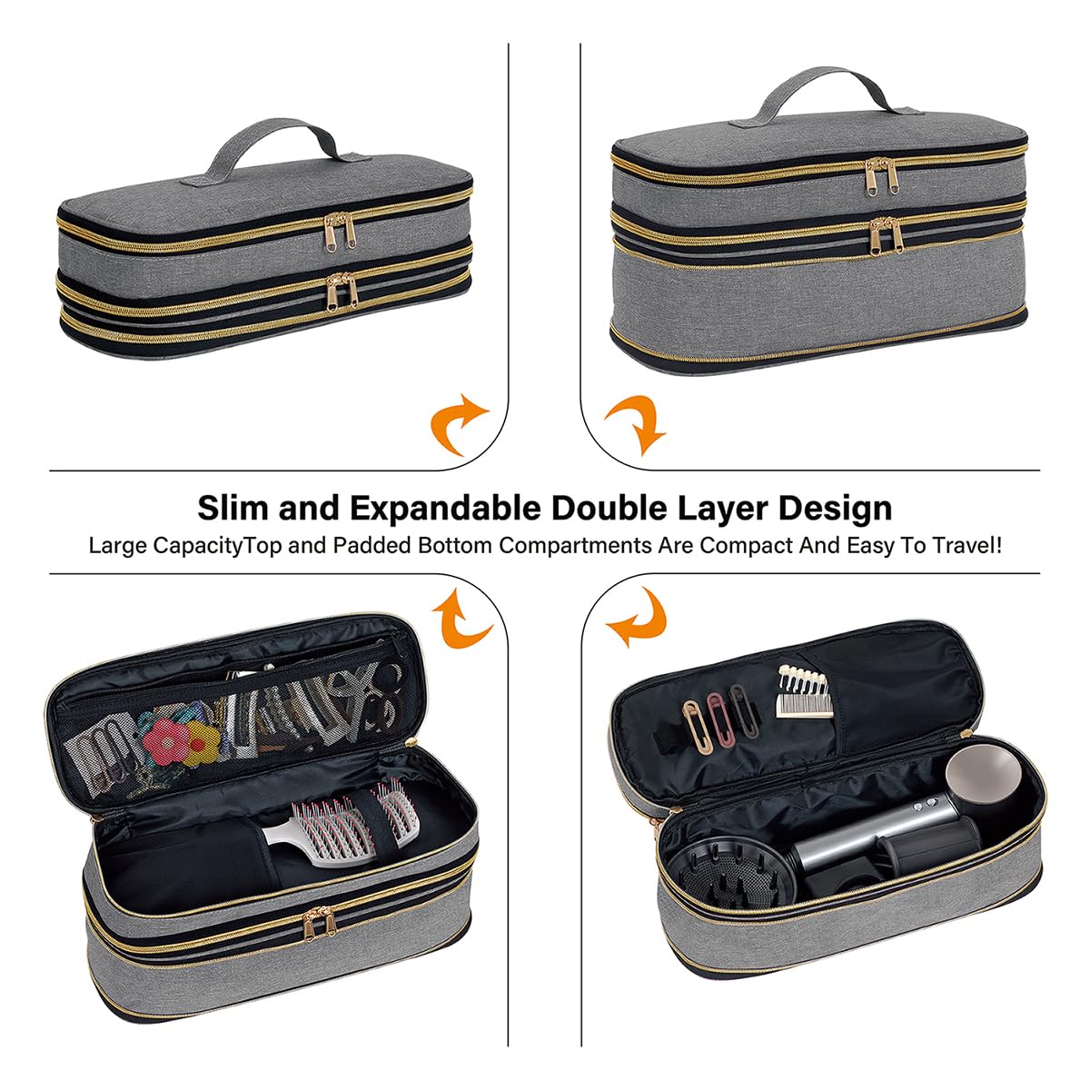 UOZL expandable travel storage case lower compartment safely housing a premium hot air styling brush