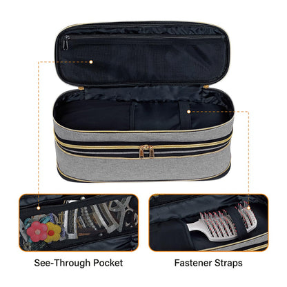 UOZL handheld beauty travel organizer being held by its reinforced top handle for portable transport