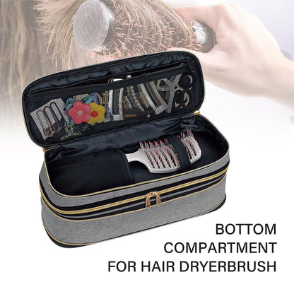 UOZL scratch resistant dual zipper cosmetics and hair tool bag standing upright on a vanity table