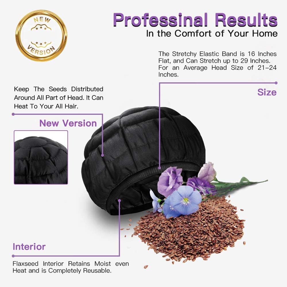 Microwavable thermal hair spa cap by B Beautybaby showing the flexible elastic rim for one size fits all sizing.