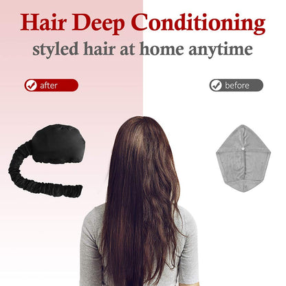 Upgraded soft hair dryer bonnet cap being used for home salon deep conditioning and hair styling