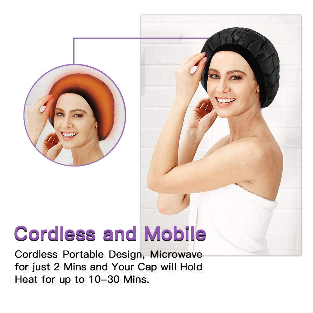 B Beautybaby cordless steaming hot cap being placed into a microwave for quick heating instructions illustration.