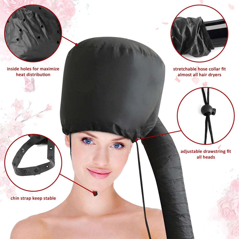 Close up view of the extended flexible hose connected to a standard handheld blow dryer