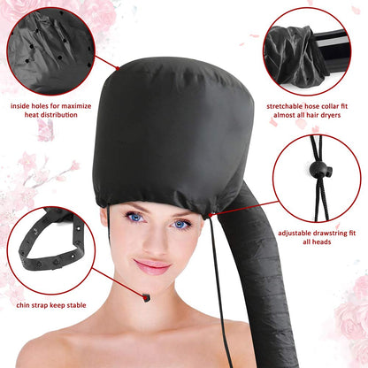 Close up view of the extended flexible hose connected to a standard handheld blow dryer