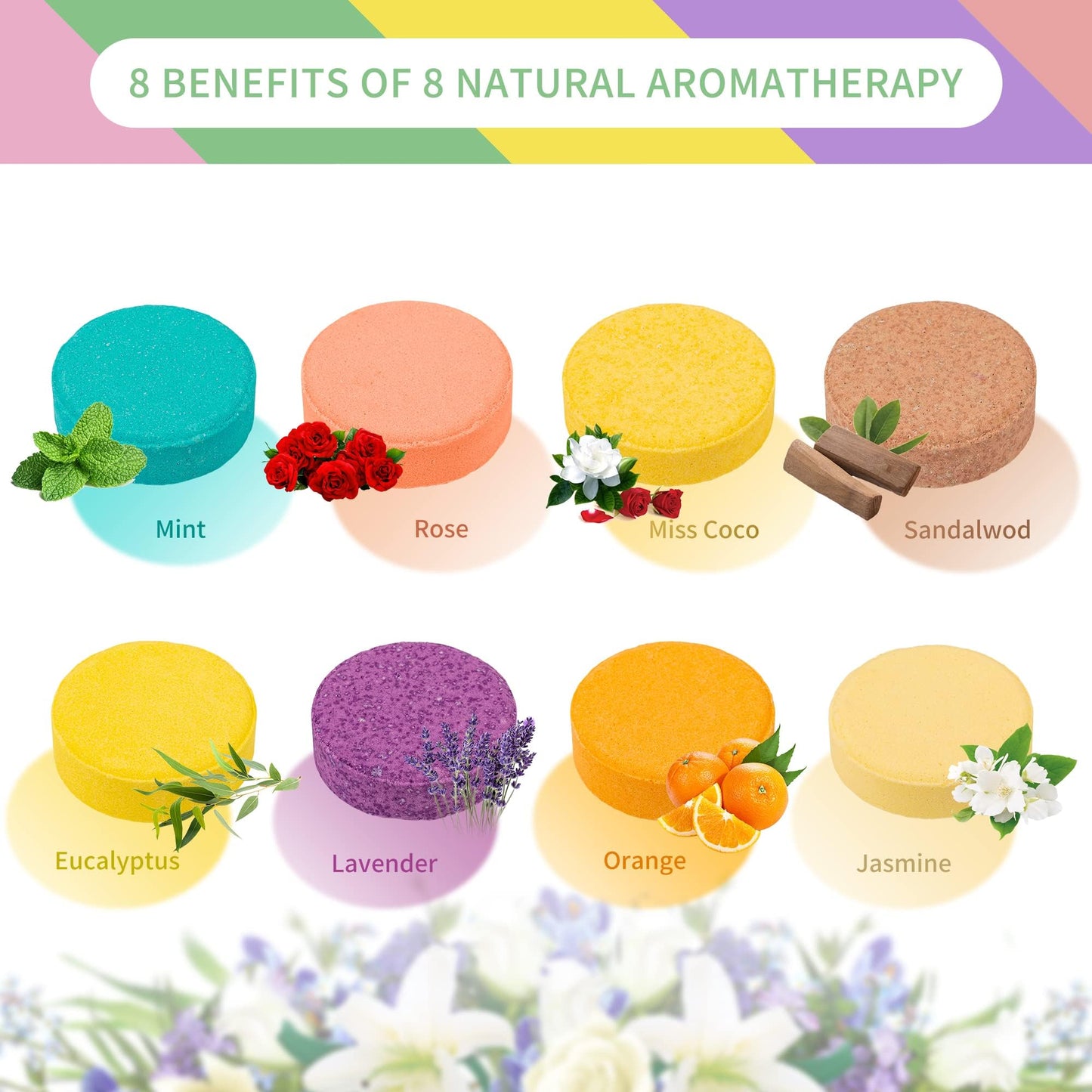 Lavender and eucalyptus scented wellness tablets dissolving on a wet bathroom floor creating aromatic steam