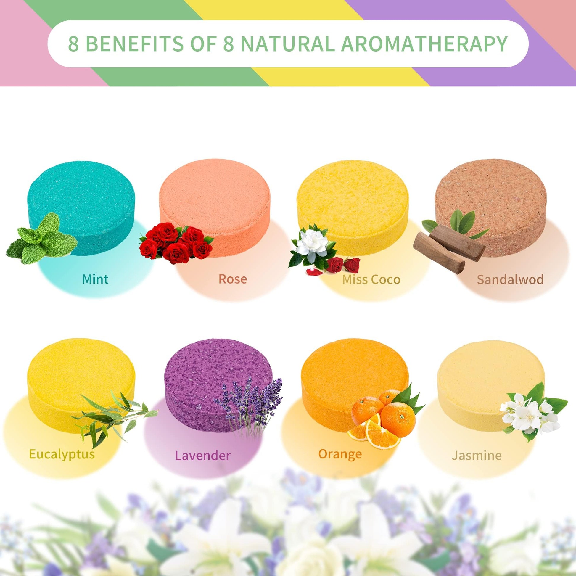 Lavender and eucalyptus scented wellness tablets dissolving on a wet bathroom floor creating aromatic steam