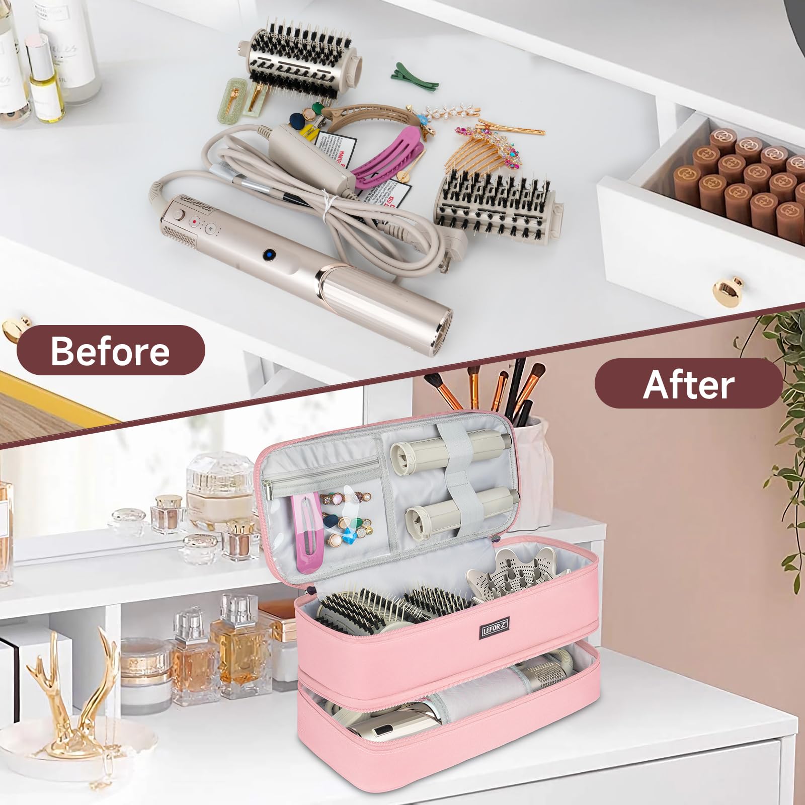 LEFOR-Z double-layer organizer bag open compartment revealing the internal transparent zipper pocket