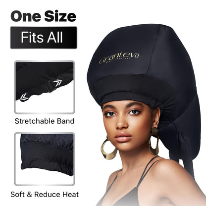 Granteva hair bonnet attachment demonstrating hands free use while reading a book at home.