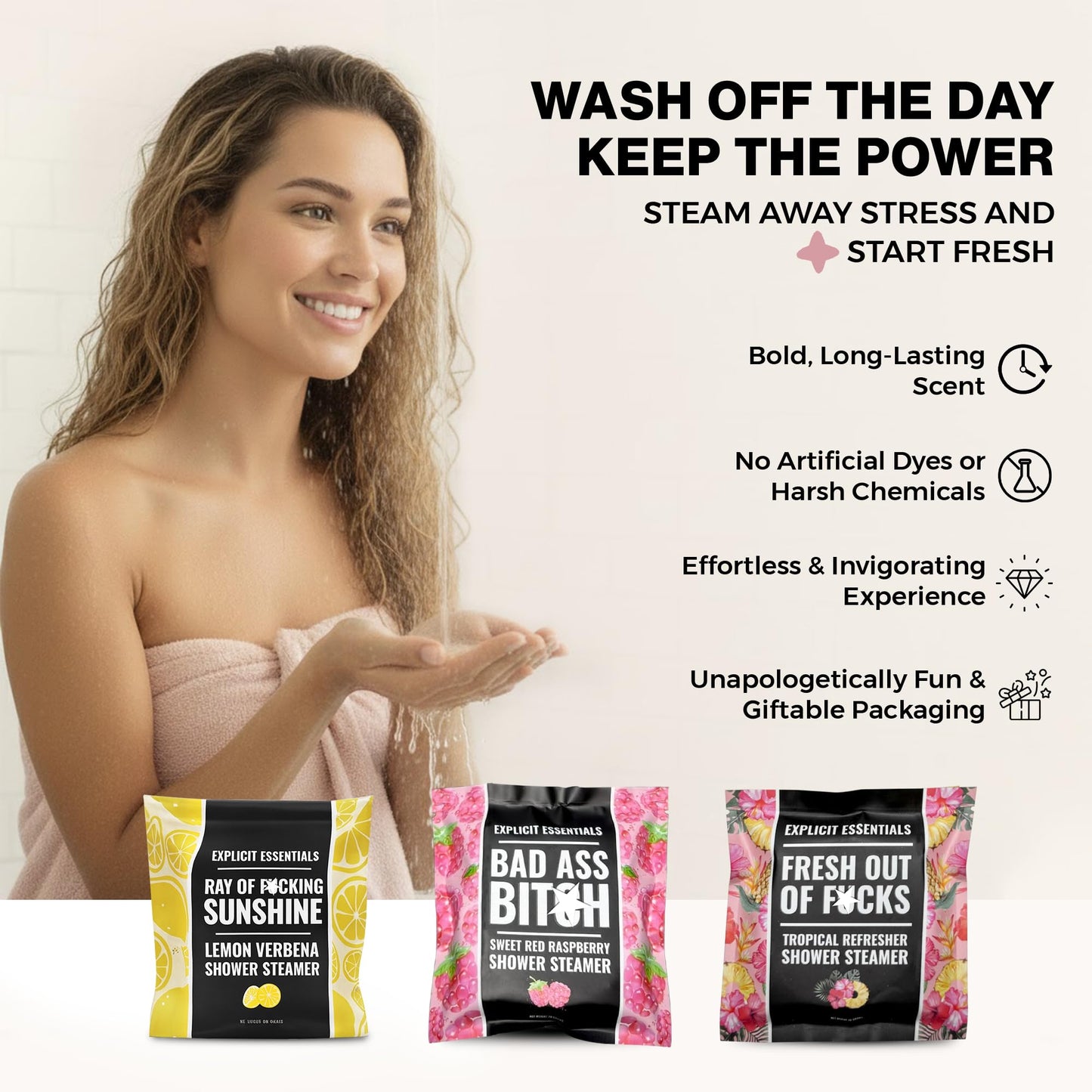 Slow dissolving aromatherapy shower fizzies showing the natural texture of the essential oil pucks.