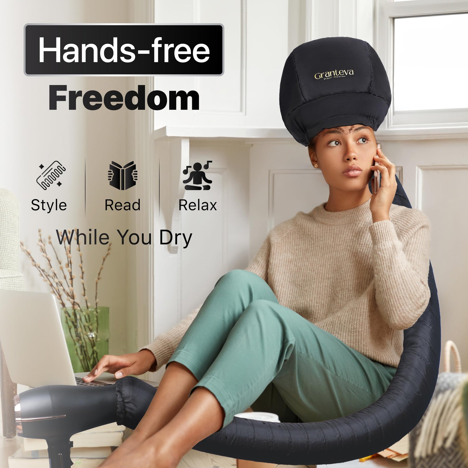 Granteva universal hair dryer bonnet attachment hose stretching over a standard styling dryer.