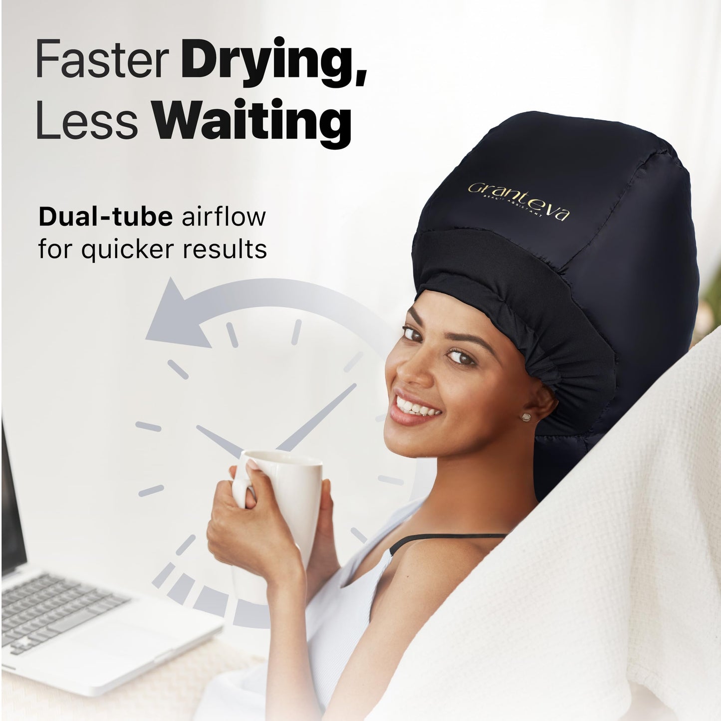 Granteva soft hooded hair bonnet folded neatly next to its included compact travel storage bag.