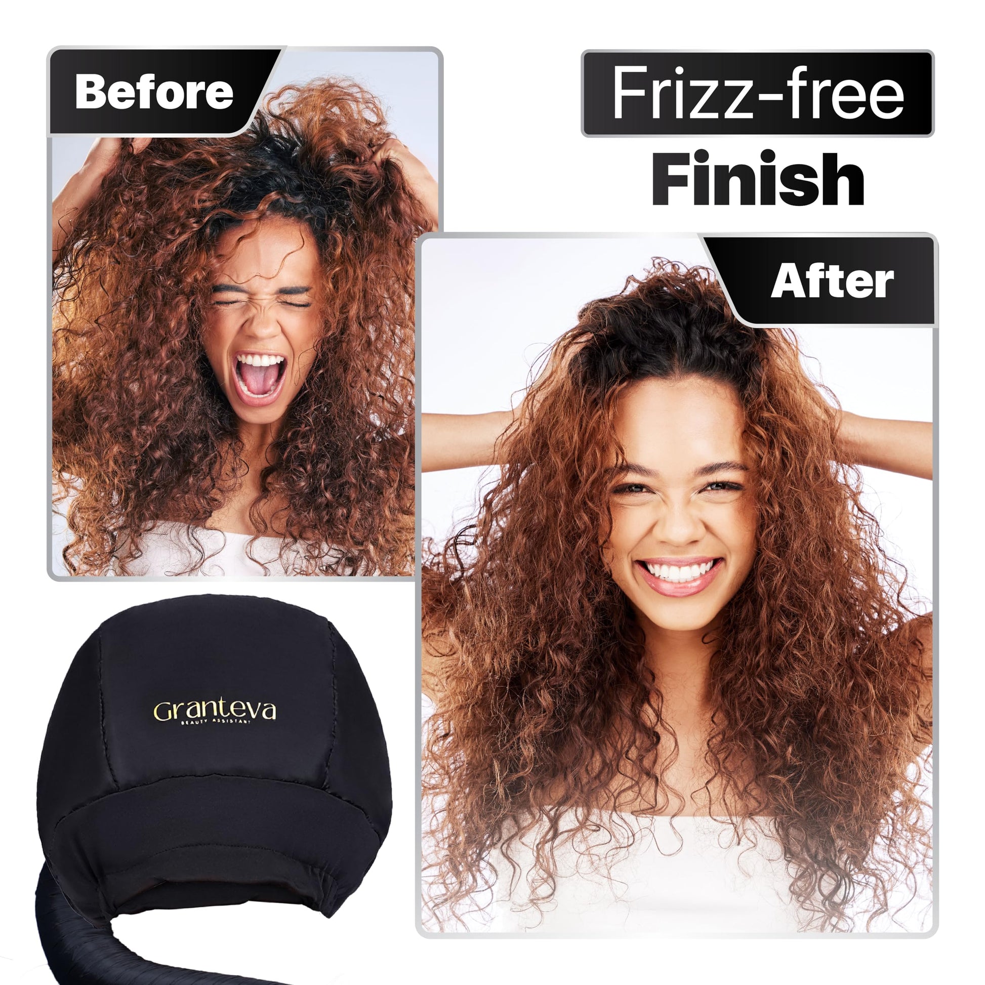 Granteva dual airflow turbo tube hair bonnet demonstrating even heat distribution on curly hair textures.