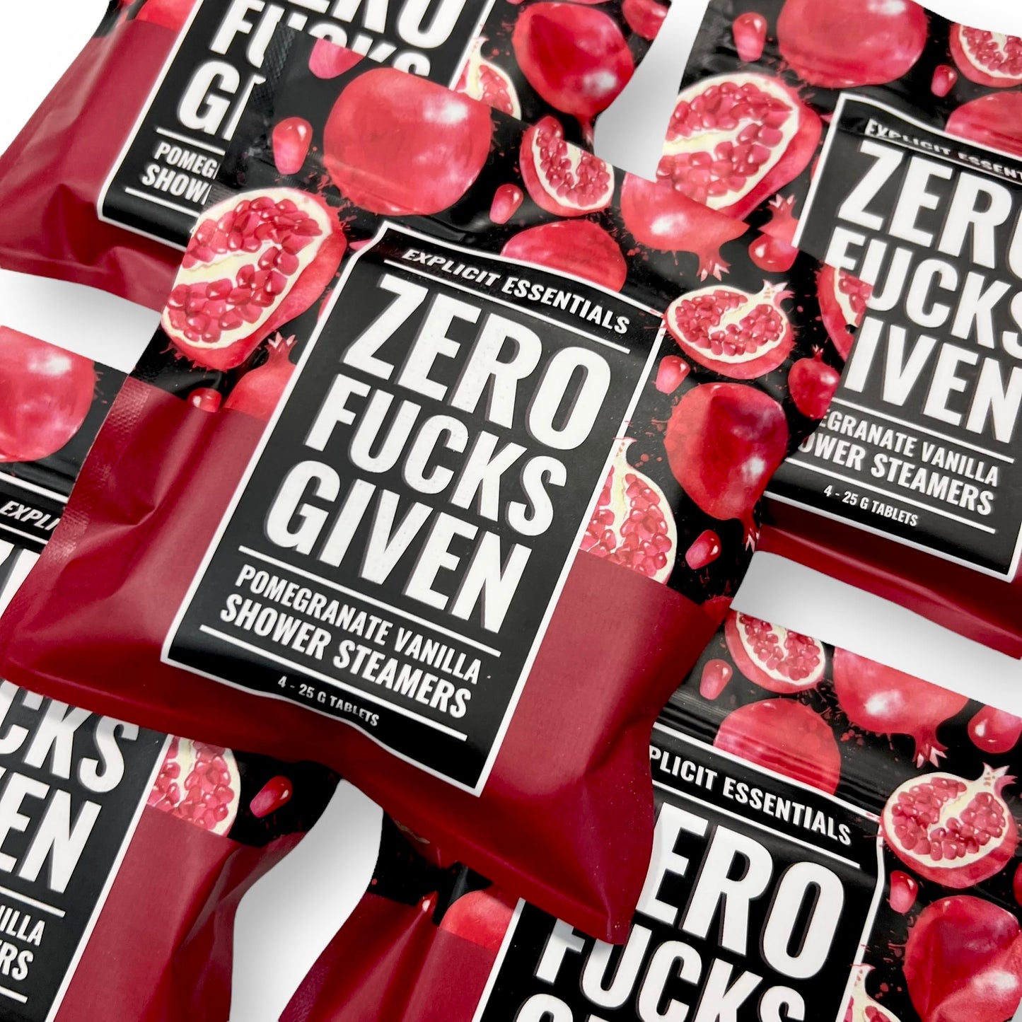 Close up look of the text on the Zero Fucks Given single shower steamer wrap.