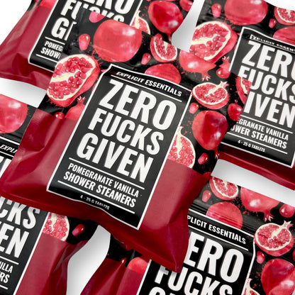 Close up look of the text on the Zero Fucks Given single shower steamer wrap.
