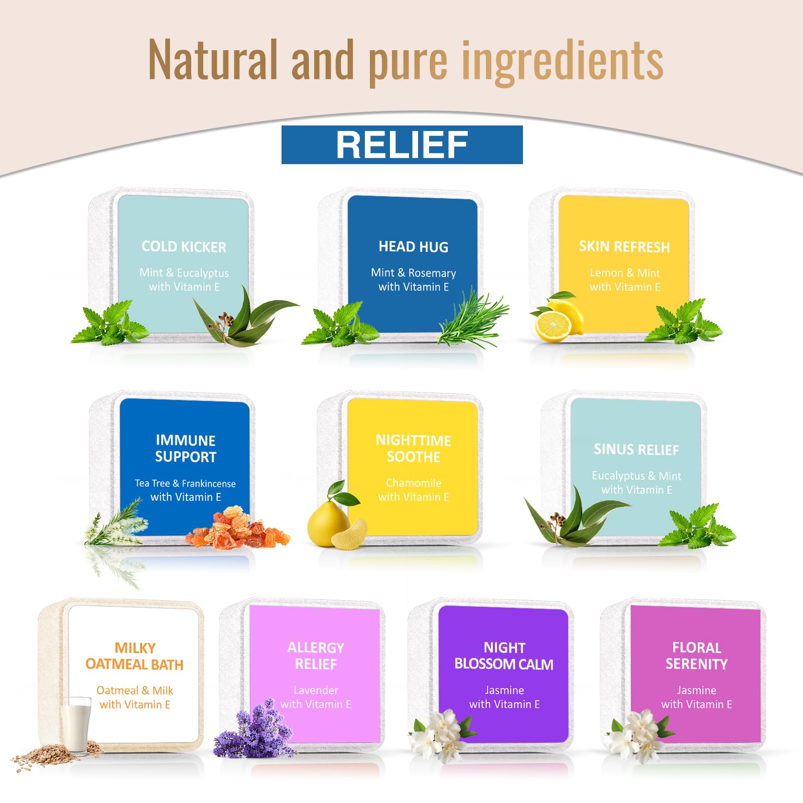 Individually wrapped thirty gram vegan shower bombs displaying variety of therapeutic essential oil scents