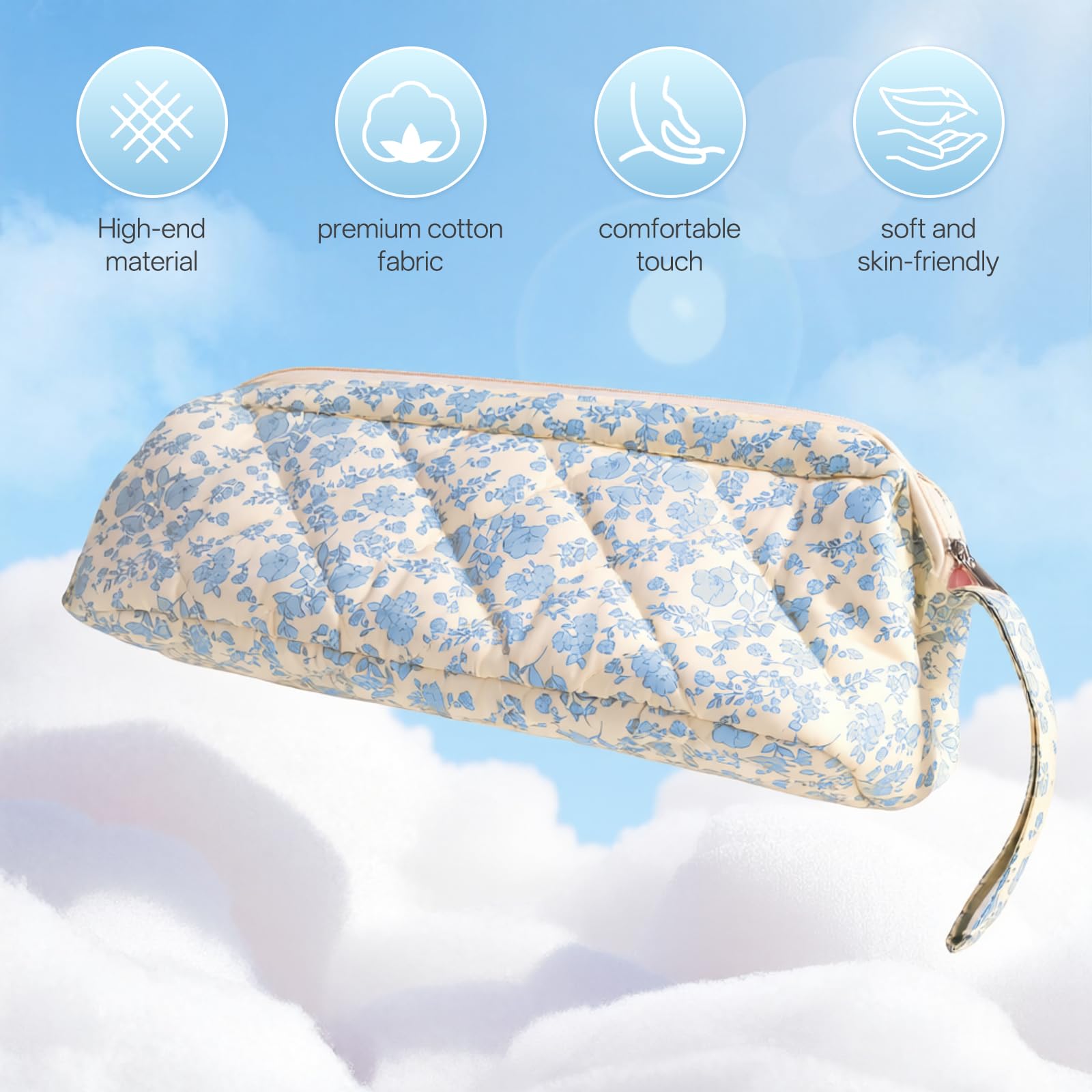 Dadop quilted floral cosmetics and hair tools bag hanging on a bathroom wall hook