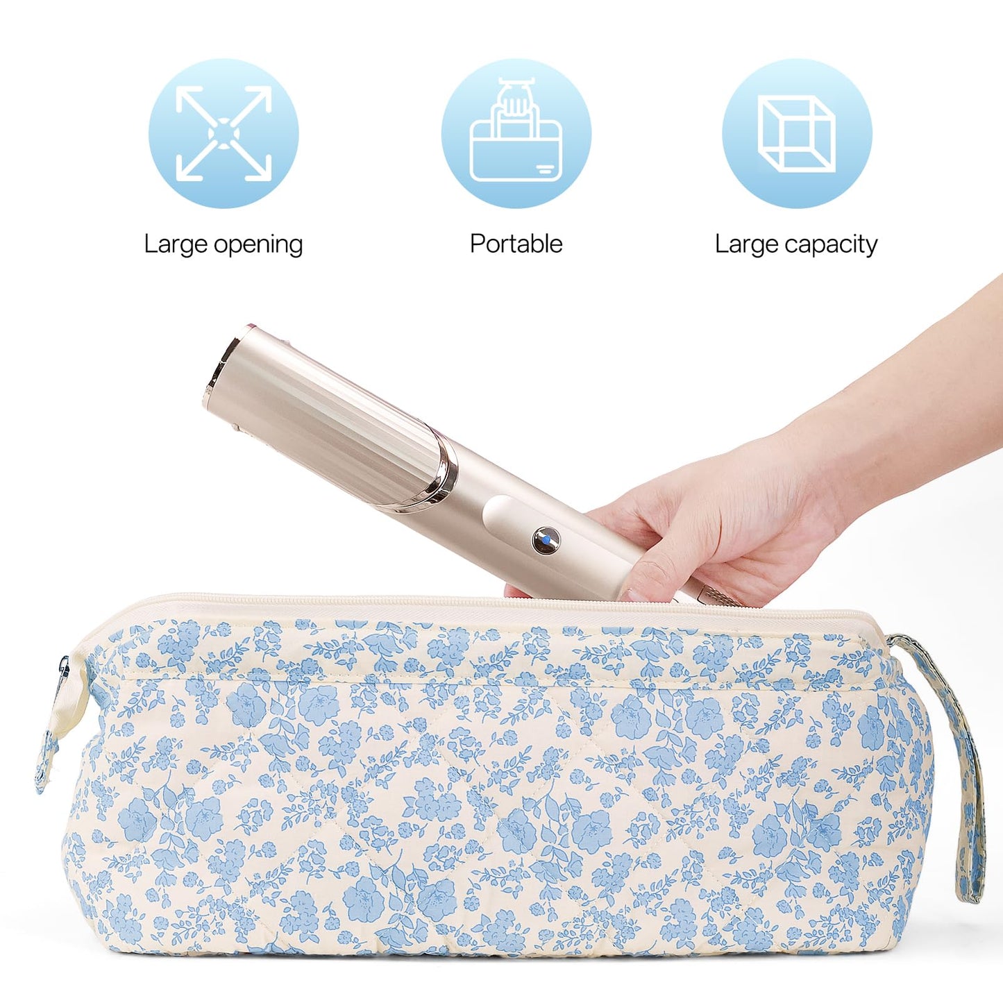 Dadop travel case side view detailing the secure metal zipper closure and floral pattern