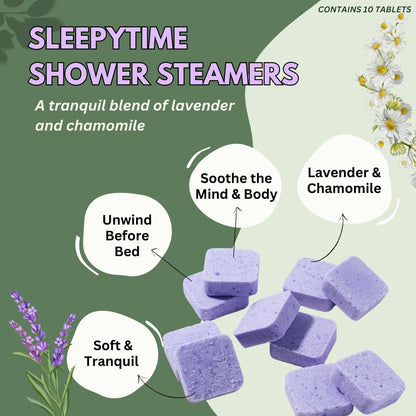 Ten count pouch of relaxation shower bombs with lavender and chamomile essential oils