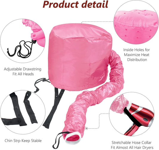 Beautyours soft hooded hair dryer cap connected to a blow dryer nozzle