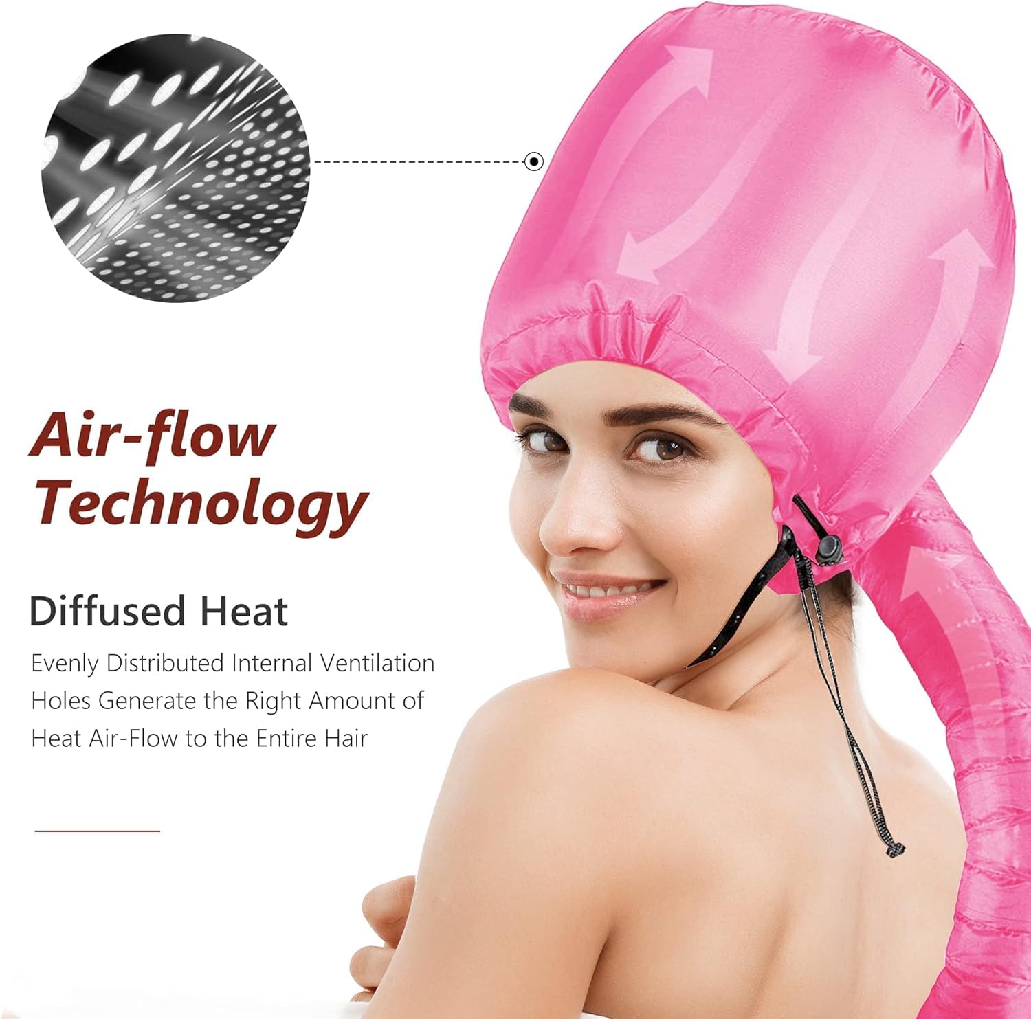 Adjustable chin strap and drawstring details on Beautyours portable hair drying bonnet