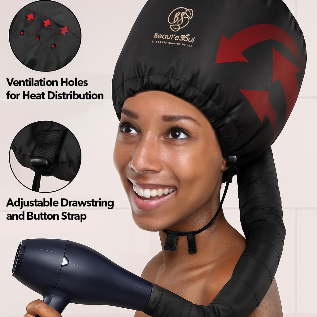 Beauté Seoul deep conditioning cap attachment connected to a handheld blow dryer highlighting the stretchable collar.
