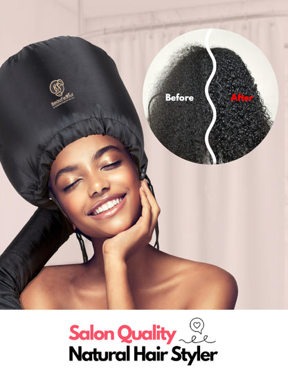 Close up view of the adjustable side drawstring and secure chin strap on the Beauté Seoul hair drying bonnet.