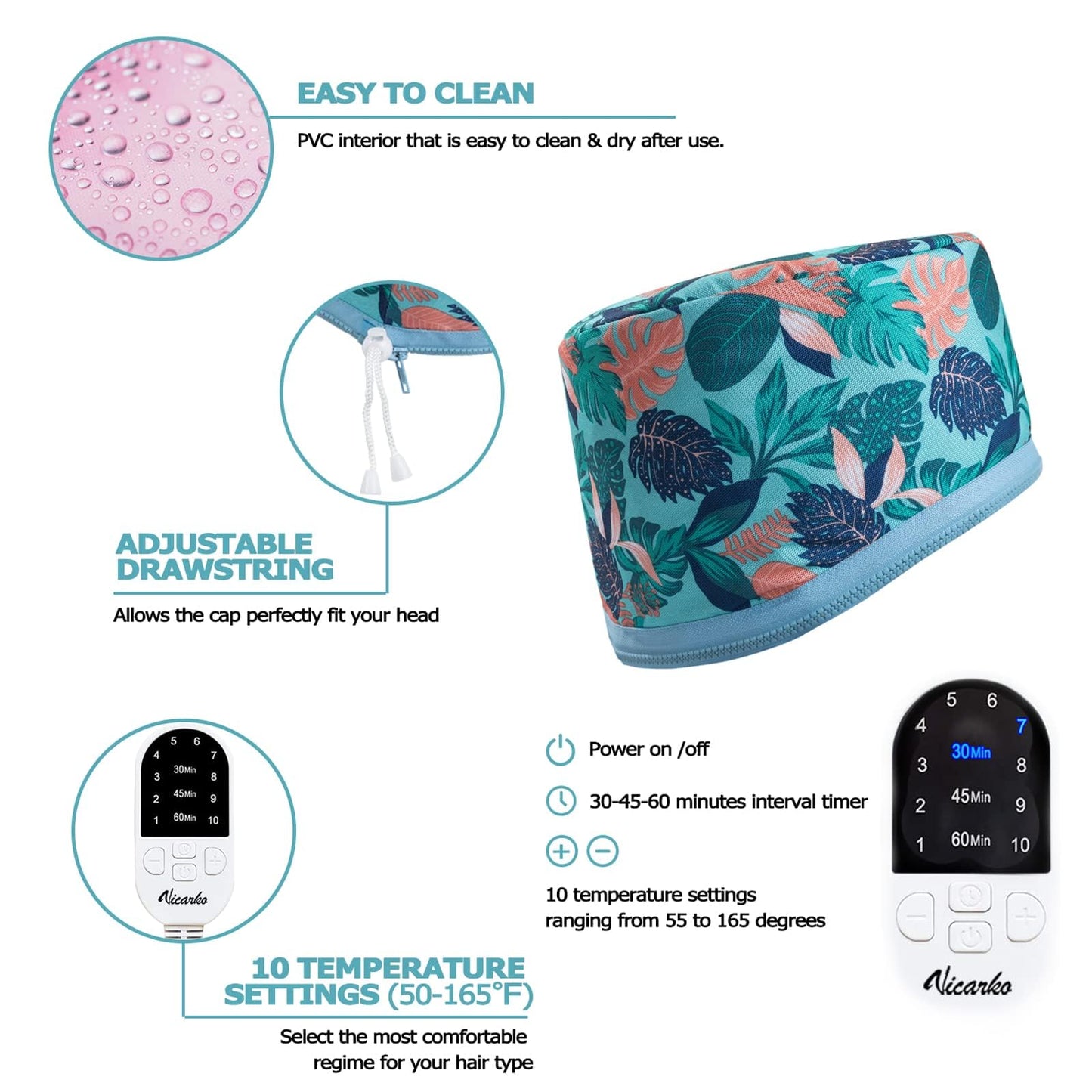 Close up view of the long power cord on the portable hair spa cap.