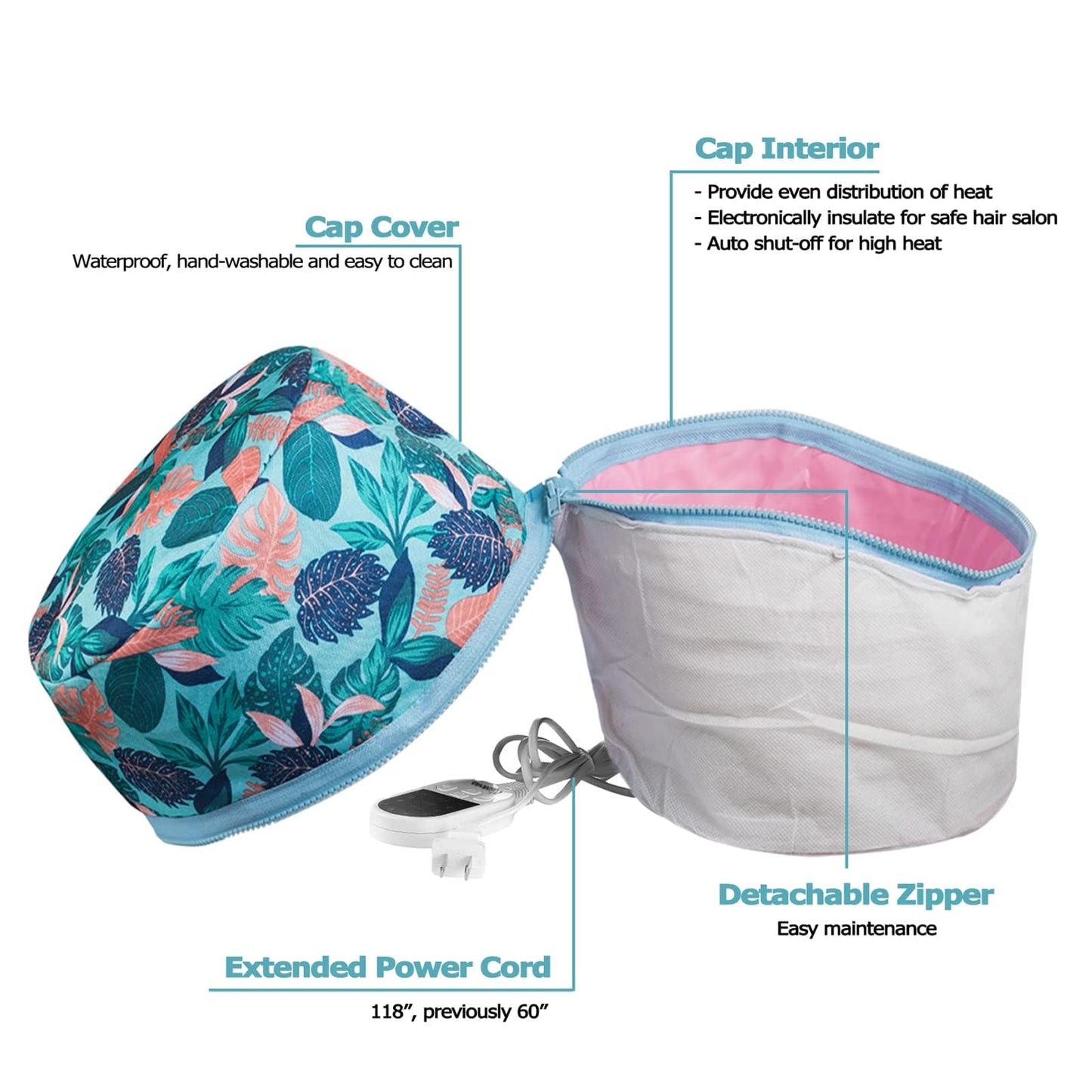 Interior waterproof liner view of the electric thermal spa head care product.